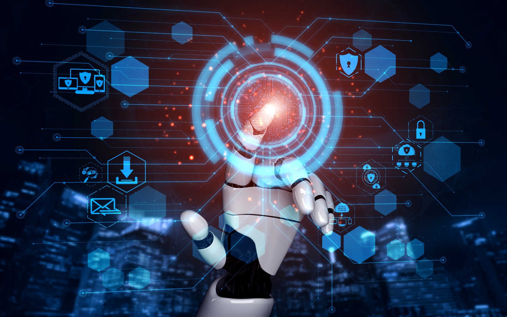 3D rendering artificial intelligence AI research of robot and cyborg development for future of people living. Digital data mining and machine learning technology design for computer brain.